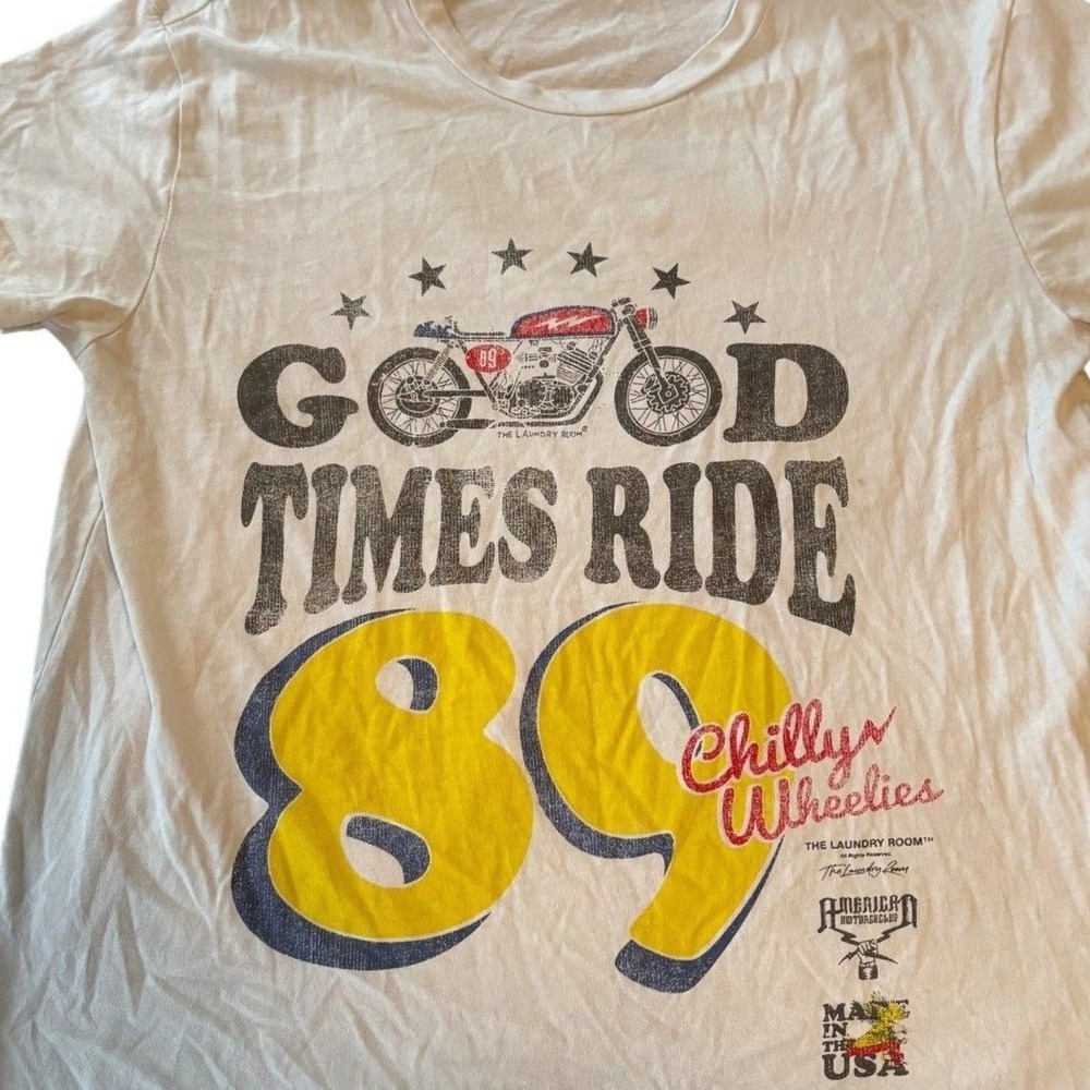 The Laundry Room Graphic Moto Tee XS White Made in USA Retro Biker Distressed 89